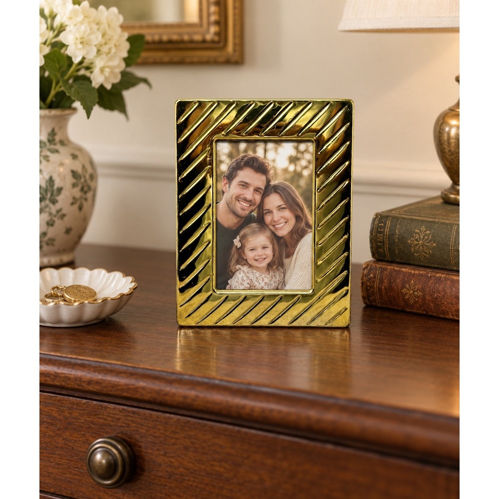 Vintage Gold Ribbed Metal Picture Frame Diagonal Texture Made in Korea